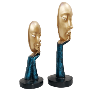 Pair of Golden Blue The Lady Face Statue Table Accent