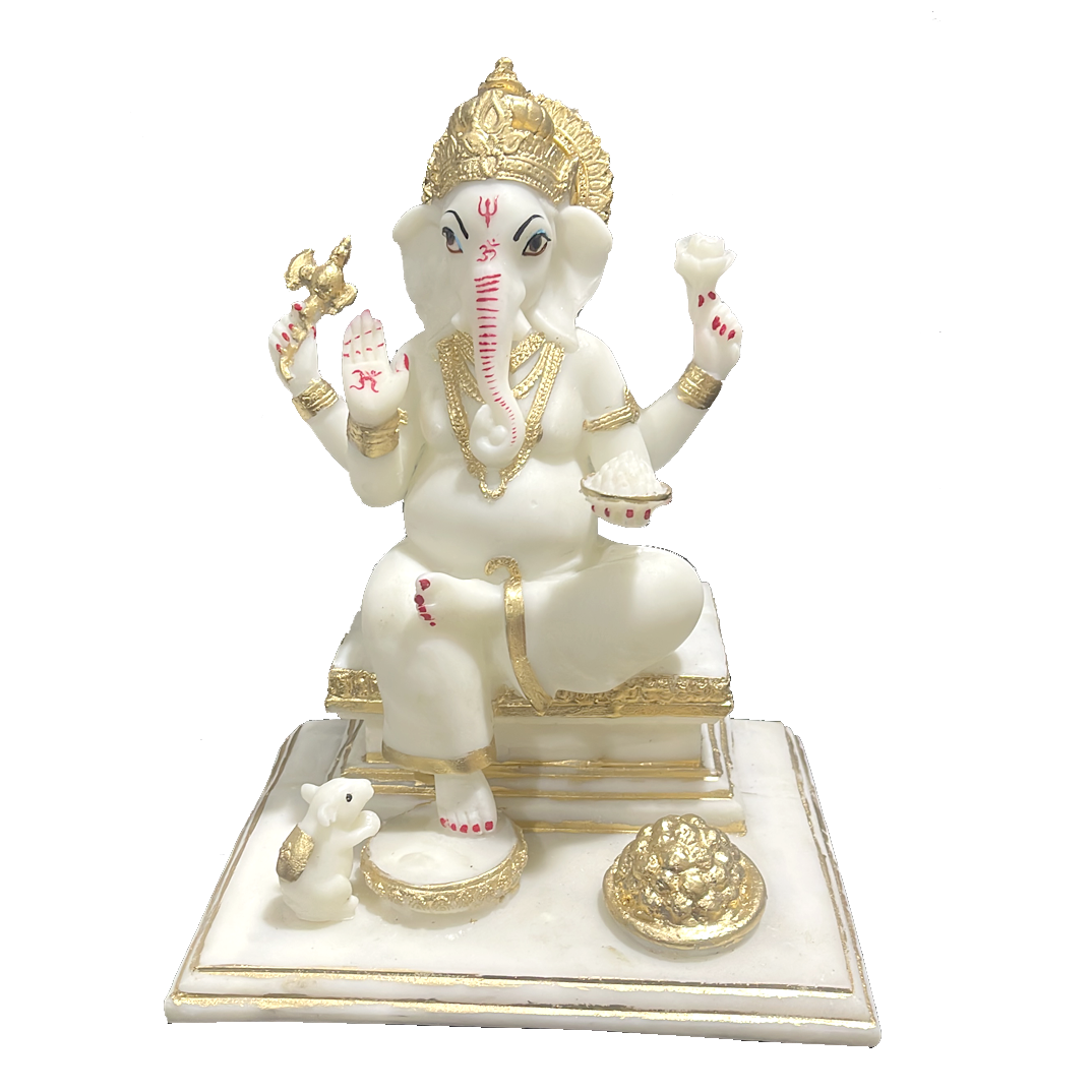 Ganesh Marble Murti Ganpati Sitting on Chouki Marble Murti