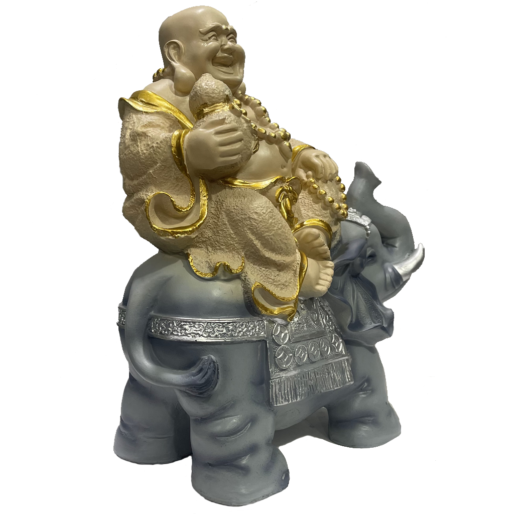 Laughing Buddha Sitting on Elephant Statue