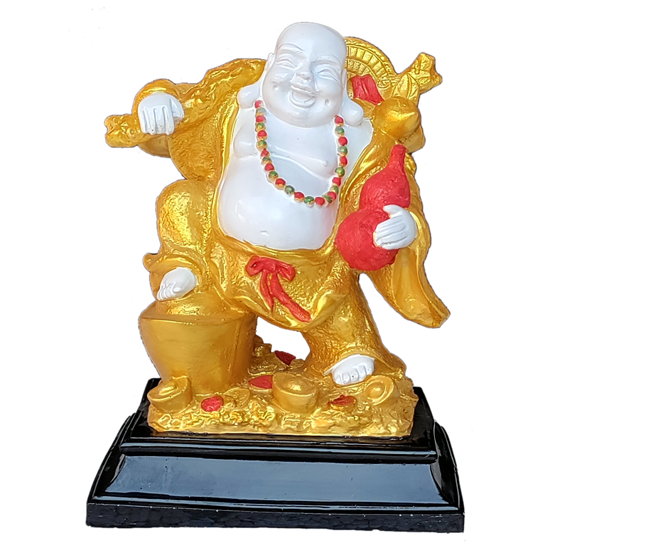 Golden Laughing Buddha Standing on Coins with Bag for Wealth and Money H- 23 cm