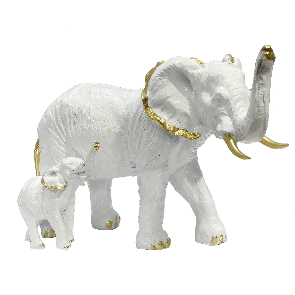 Antique Polyresin Mother And Baby Elephant Statue