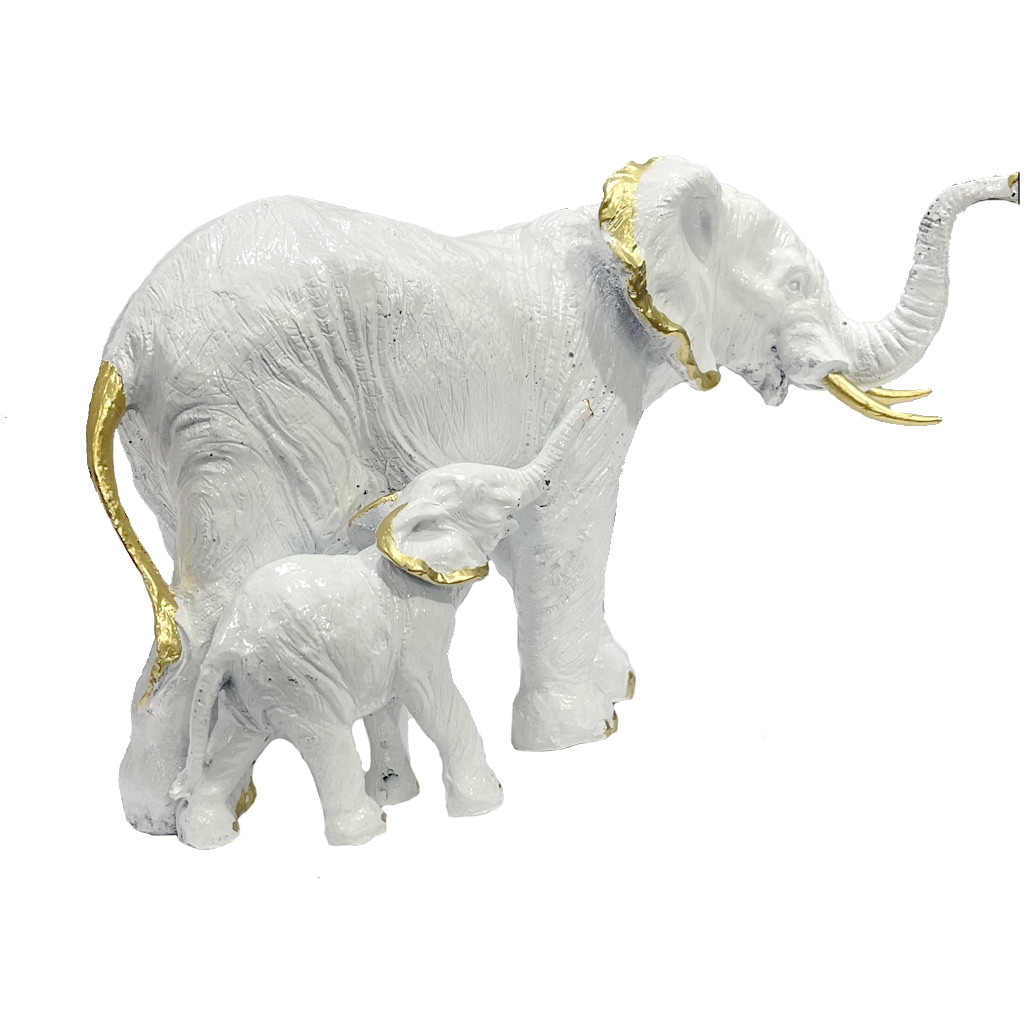 Antique Polyresin Mother And Baby Elephant Statue