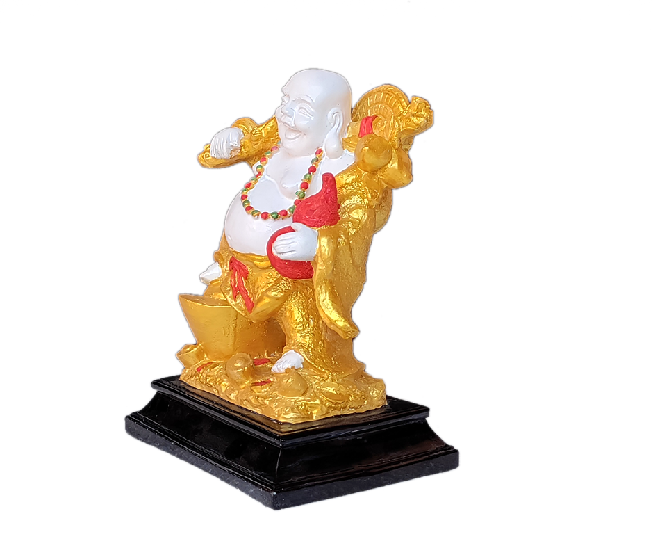 Golden Laughing Buddha Standing on Coins with Bag for Wealth and Money