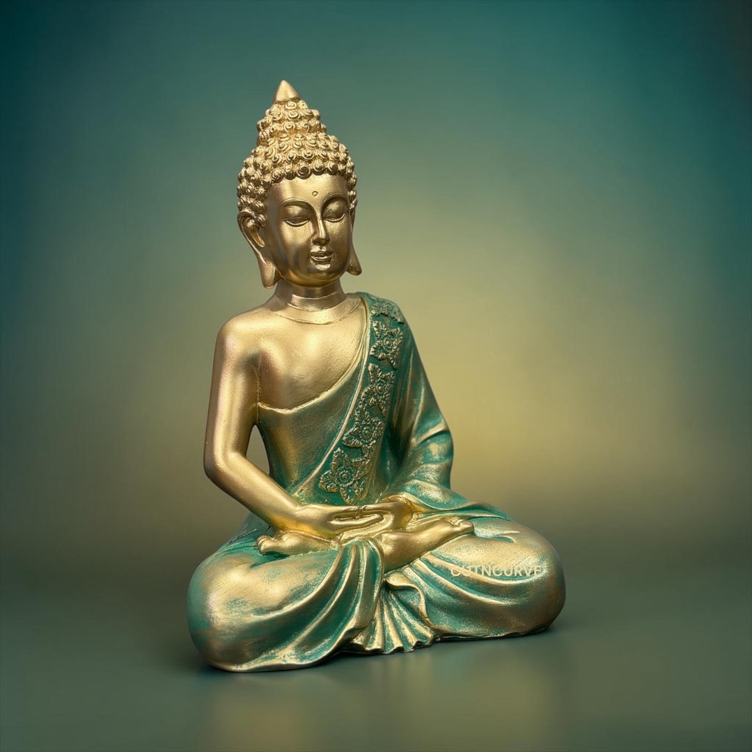 CutnCurve® Premium Metallic Finish Meditating Buddha Idol – 9.5 Inch Resin Buddha Statue for Home, Office & Spiritual Décor