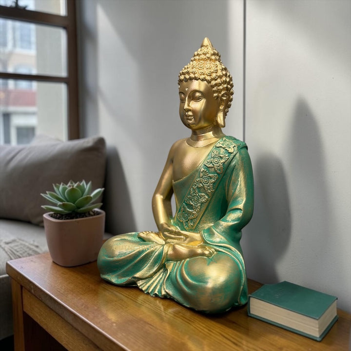 CutnCurve® Premium Metallic Finish Meditating Buddha Idol – 9.5 Inch Resin Buddha Statue for Home, Office & Spiritual Décor
