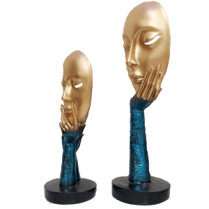 Pair of Golden Blue The Lady Face Statue Table Accent