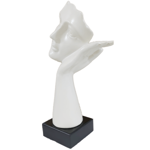 Abstract Woman Face Statue Resting on Hand Table Ascent