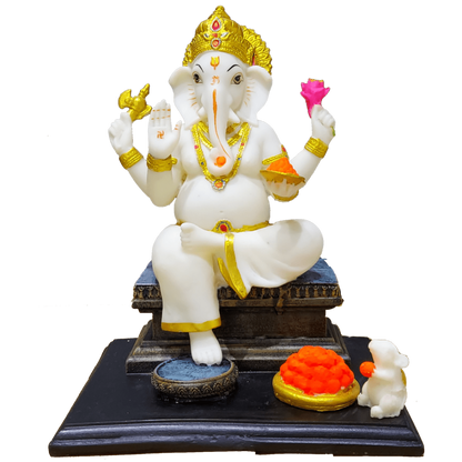 Ganesh Marble Murti Ganpati Sitting on Chouki Marble Murti