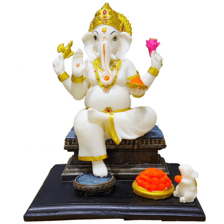 Ganesh Marble Murti Ganpati Sitting on Chouki Marble Murti