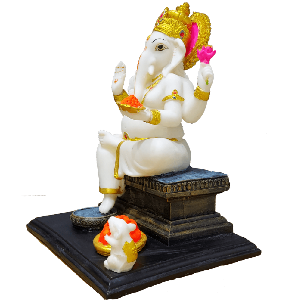Ganesh Marble Murti Ganpati Sitting on Chouki Marble Murti
