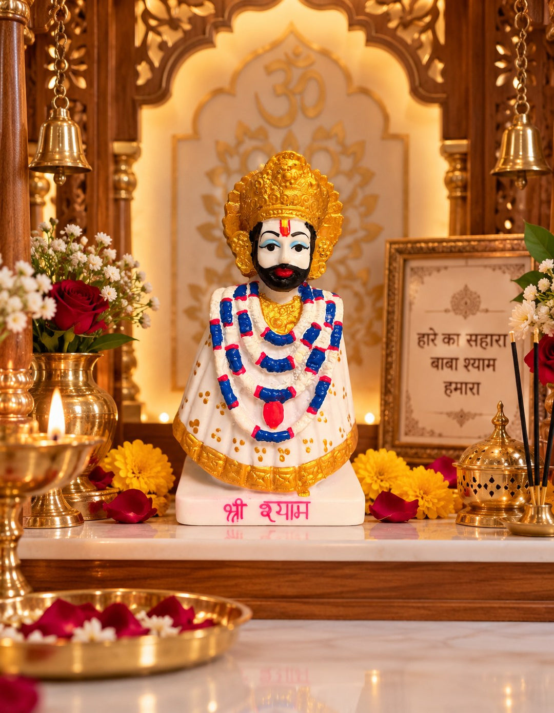 CutnCurve Khatu Shyam Ji Baba Statue 15 cm Golden Crown White Dress Decorative Idol