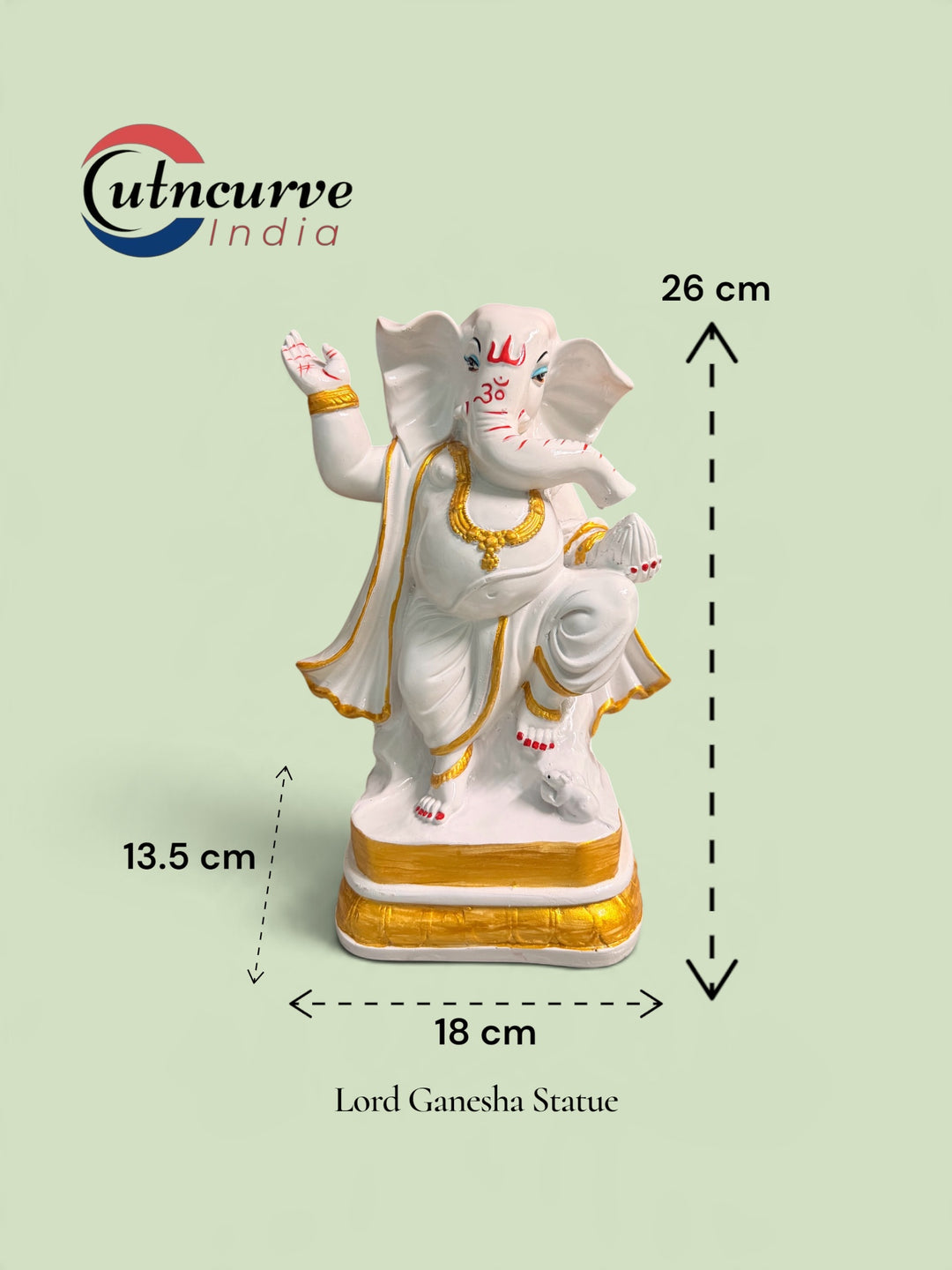 Cutncurve India® Dancing Lord Ganesha Statue in White & Golden Finish | Handmade Composite Marble Idol for Home Temple & Décor | Height 26 cm