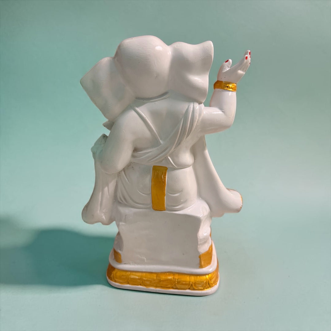 Cutncurve India® Dancing Lord Ganesha Statue in White & Golden Finish | Handmade Composite Marble Idol for Home Temple & Décor | Height 26 cm