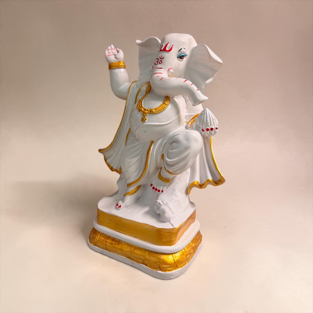 Cutncurve India® Dancing Lord Ganesha Statue in White & Golden Finish | Handmade Composite Marble Idol for Home Temple & Décor | Height 26 cm