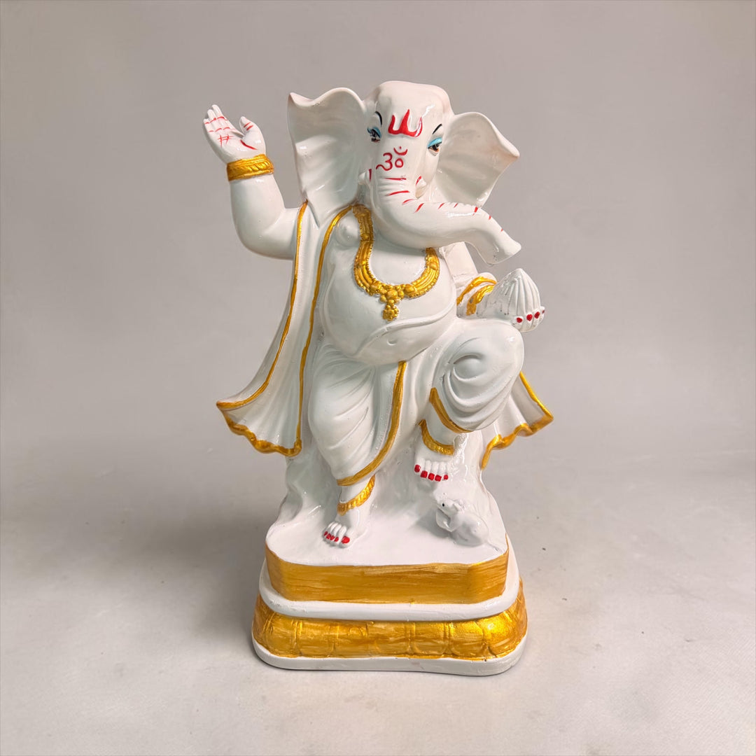 Cutncurve India® Dancing Lord Ganesha Statue in White & Golden Finish | Handmade Composite Marble Idol for Home Temple & Décor | Height 26 cm