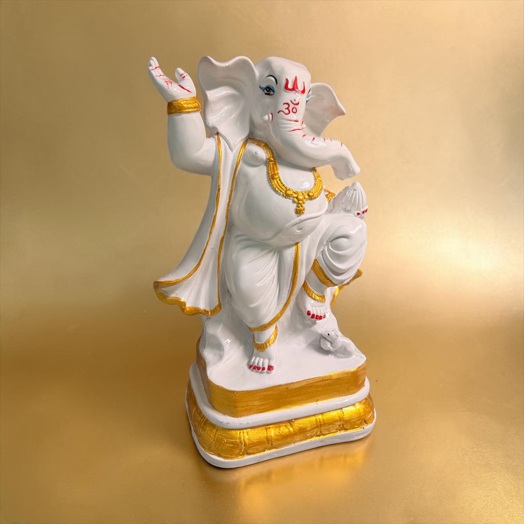 Cutncurve India® Dancing Lord Ganesha Statue in White & Golden Finish | Handmade Composite Marble Idol for Home Temple & Décor | Height 26 cm