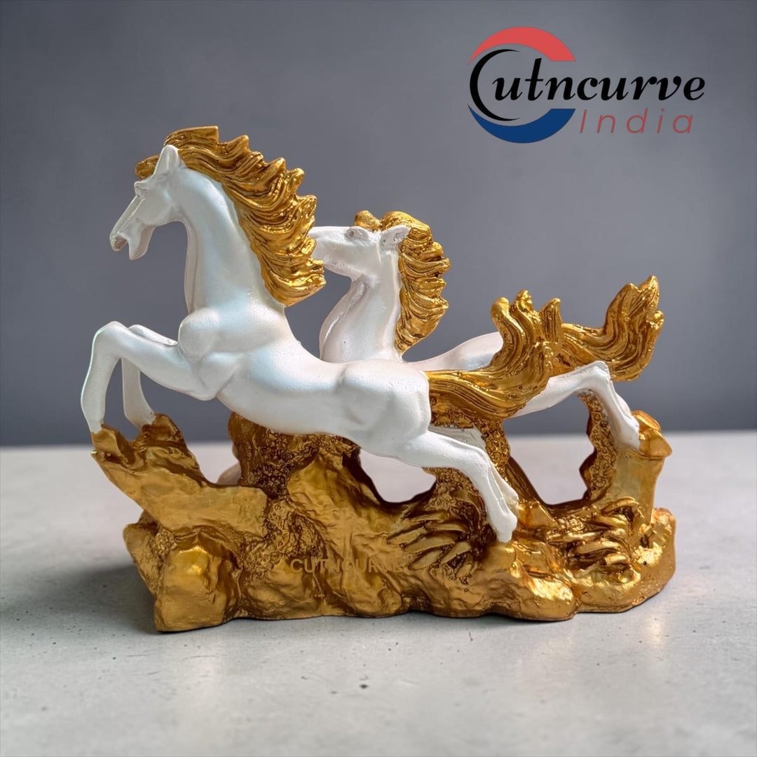 2 running horses showpiece, running horse statue, horse showpiece for home, golden horse showpiece, resin horse statue, horse figurine