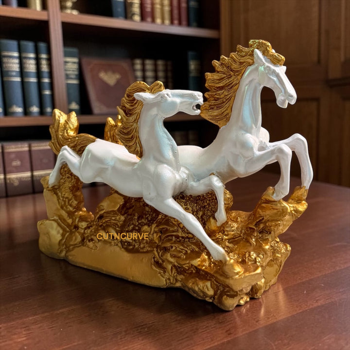 2 Running Horses Resin Showpiece – White Golden Horse Statue for Home & Office Decor