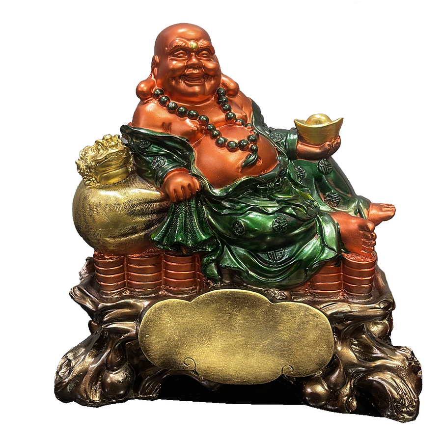 Laughing Buddha Sitting on Coins Statue Resin Figurine 