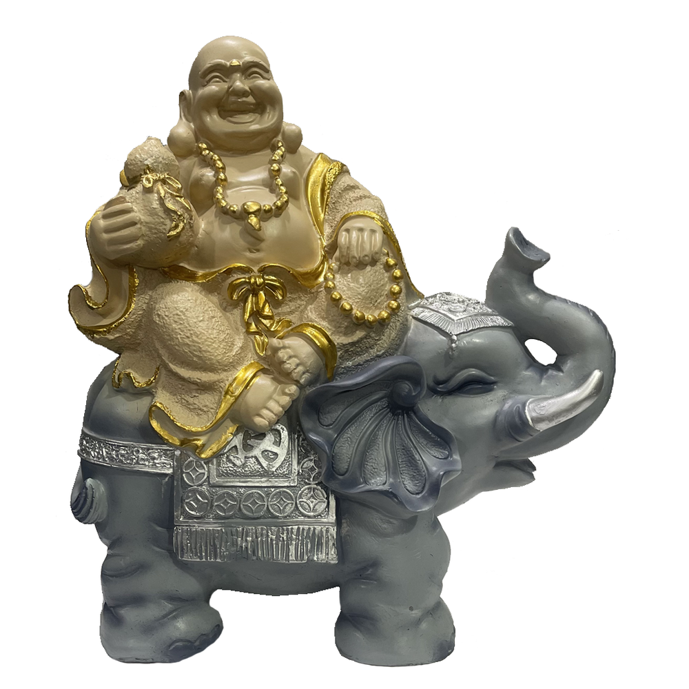 Laughing Buddha Sitting on Elephant Statue 