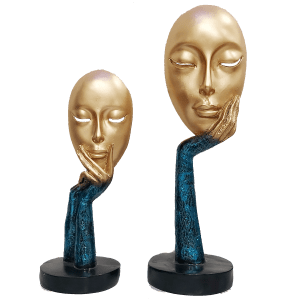 Pair of Golden Blue The Lady Face Statue Table Accent