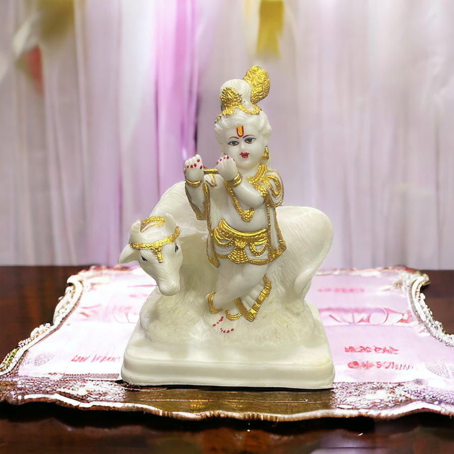 Standing Krishan Basuri With Cow Marble Look Idol