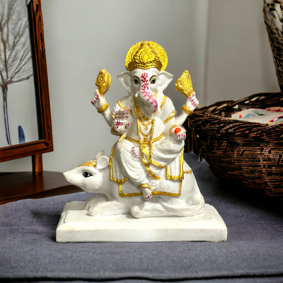 Ganesh Sitting On Mushak Marble Look Idol Best For Home Puja Ghar