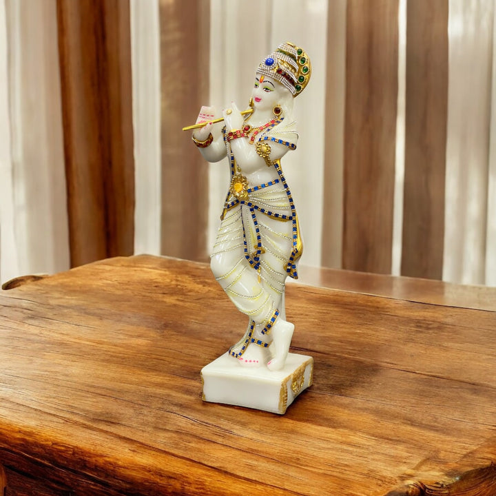 Standing Lord Krishan Decorative Idol Marble Look Murti Statue Height- 38 Cm