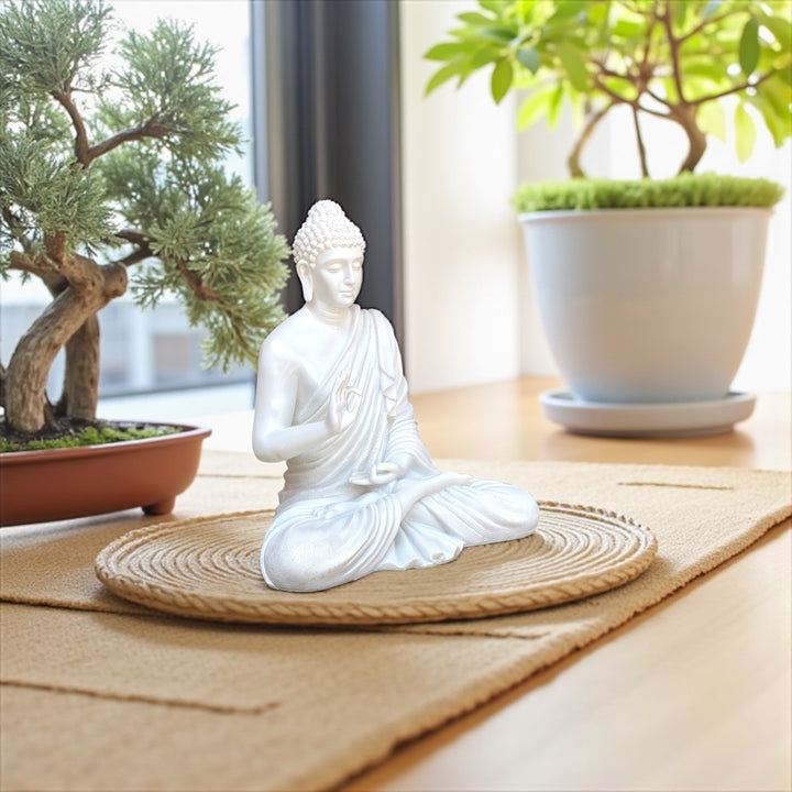 Meditating Buddha White Marble Look Statue Symbol of Peace Home decor Idol (Height 2 feet)