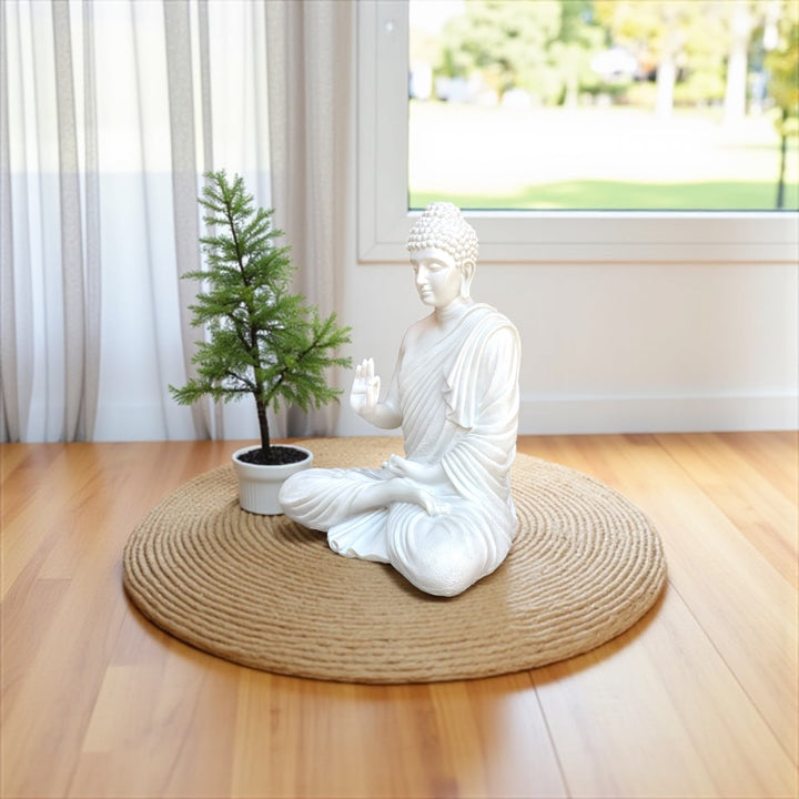 Meditating Buddha White Marble Look Statue Symbol of Peace Home decor Idol (Height 2 feet)