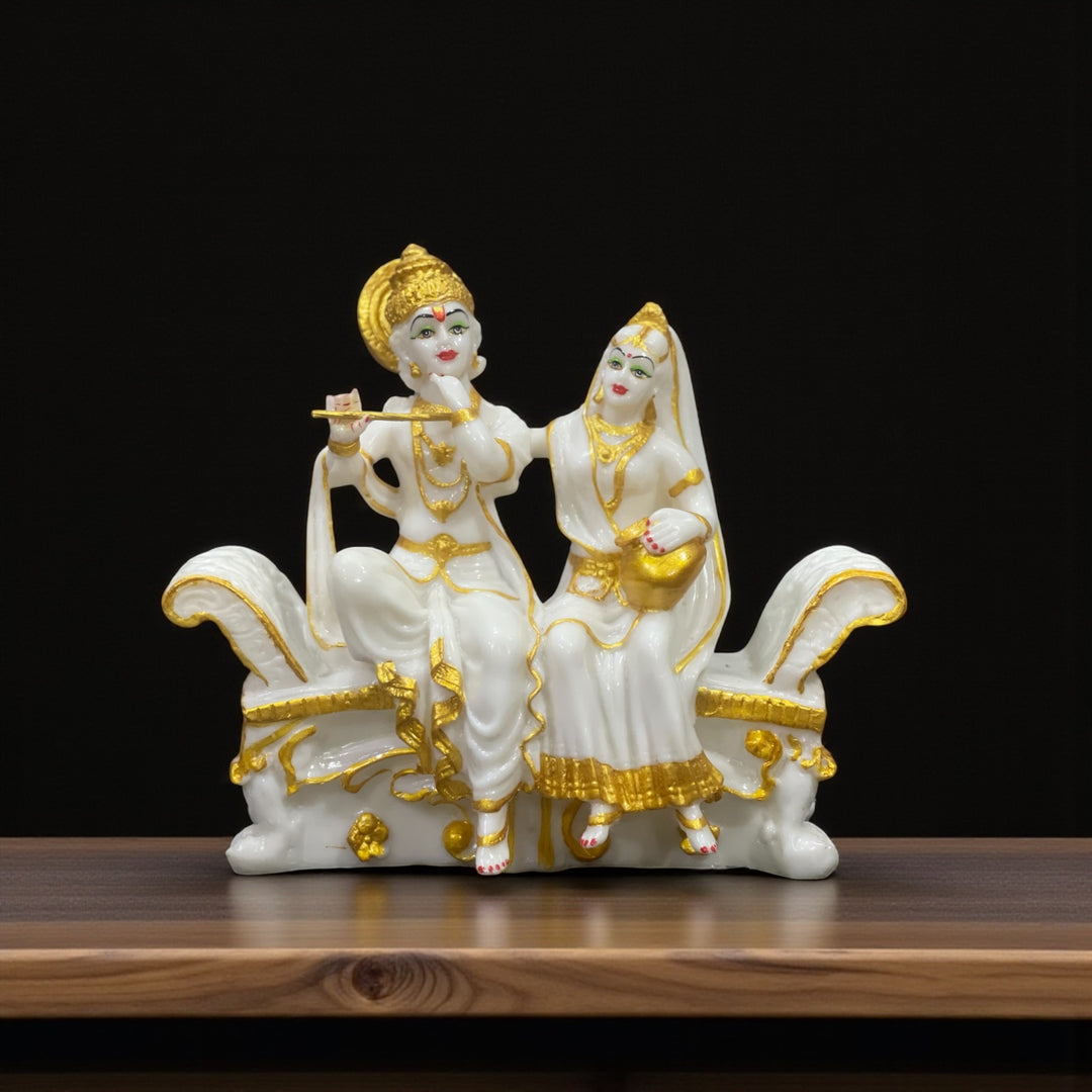 Radha- Krishan Sitting on Sofa Marble Look Idol Murti Statue best for Drawing Room , H-30 cm