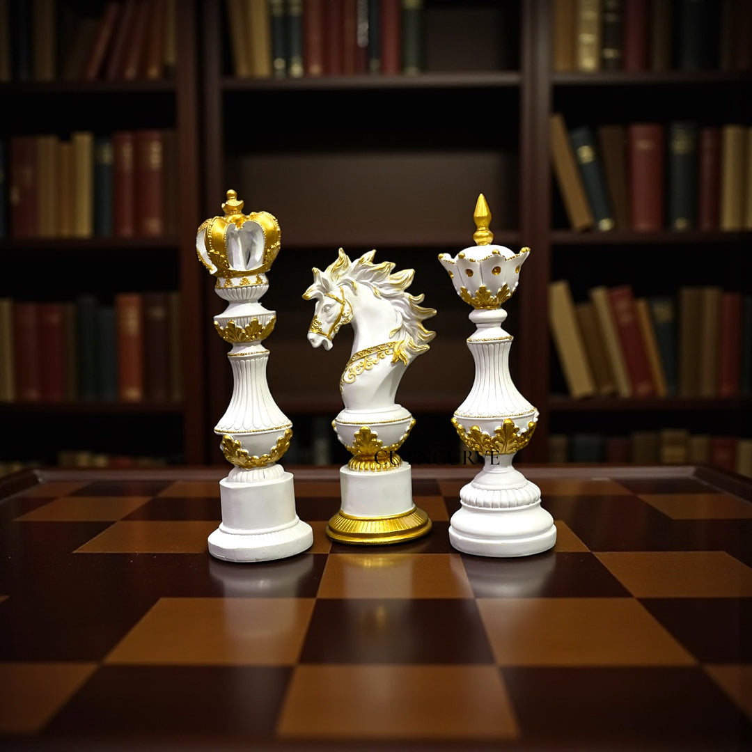 Artistic Chess Statue Set in Resin – 12 Inch King, Queen & Knight Showpiece for Modern Living & Office Spaces