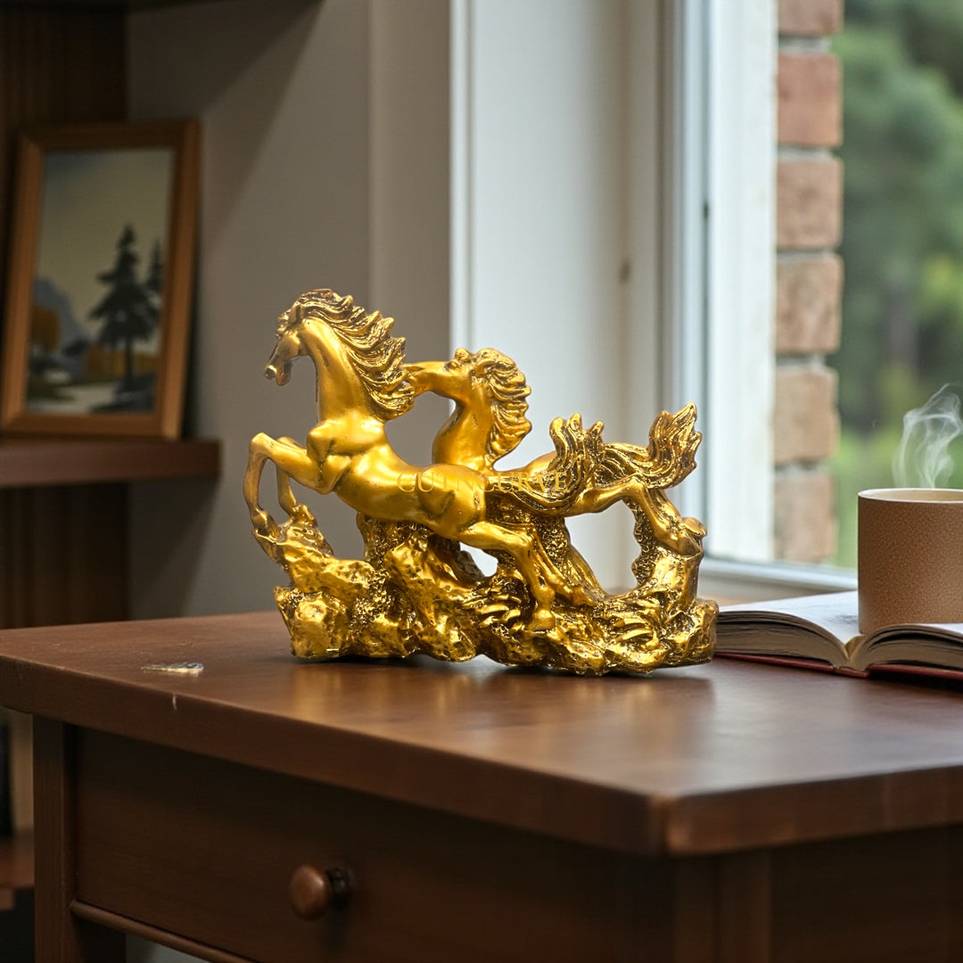 2 Running Horses Resin Showpiece | Elegant Home Decor & Good Luck Symbol (GOLDEN)