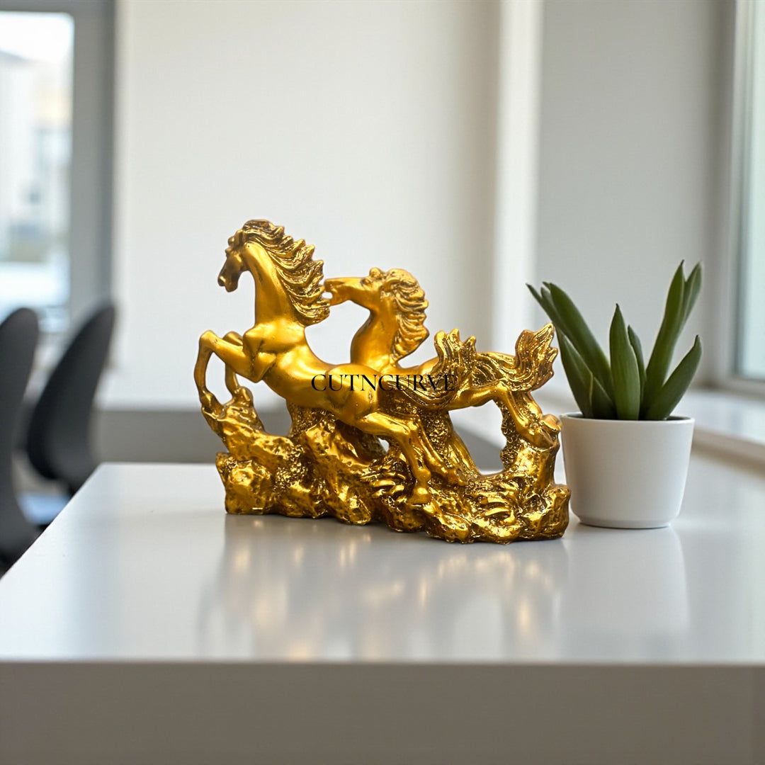 2 Running Horses Resin Showpiece | Elegant Home Decor & Good Luck Symbol (GOLDEN)