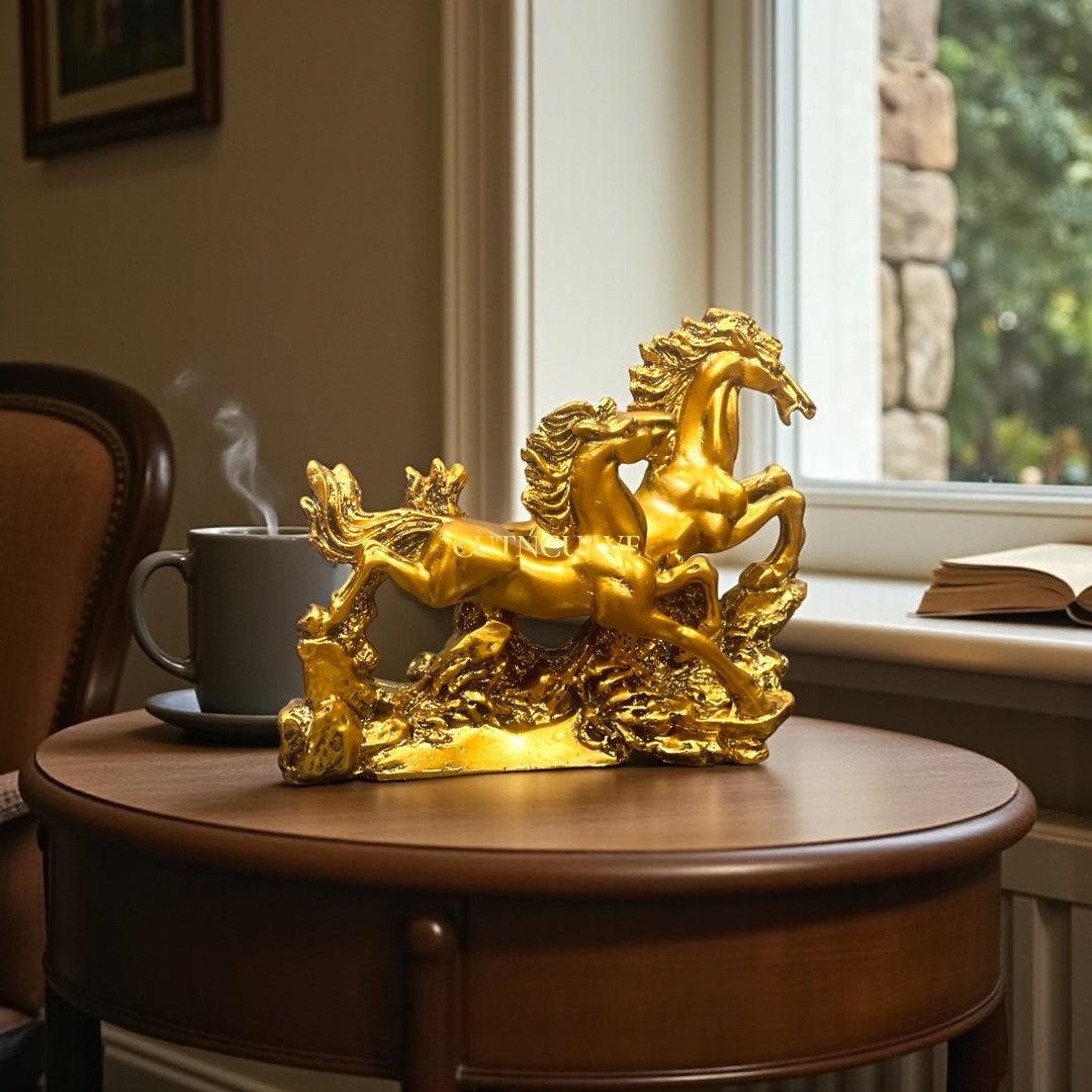 2 Running Horses Resin Showpiece | Elegant Home Decor & Good Luck Symbol (GOLDEN)