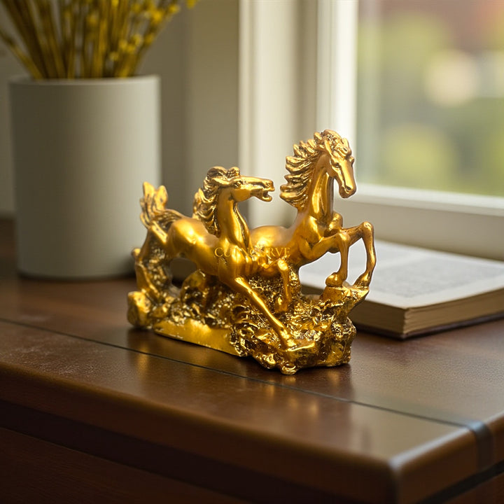 2 Running Horses Resin Showpiece | Elegant Home Decor & Good Luck Symbol (GOLDEN)