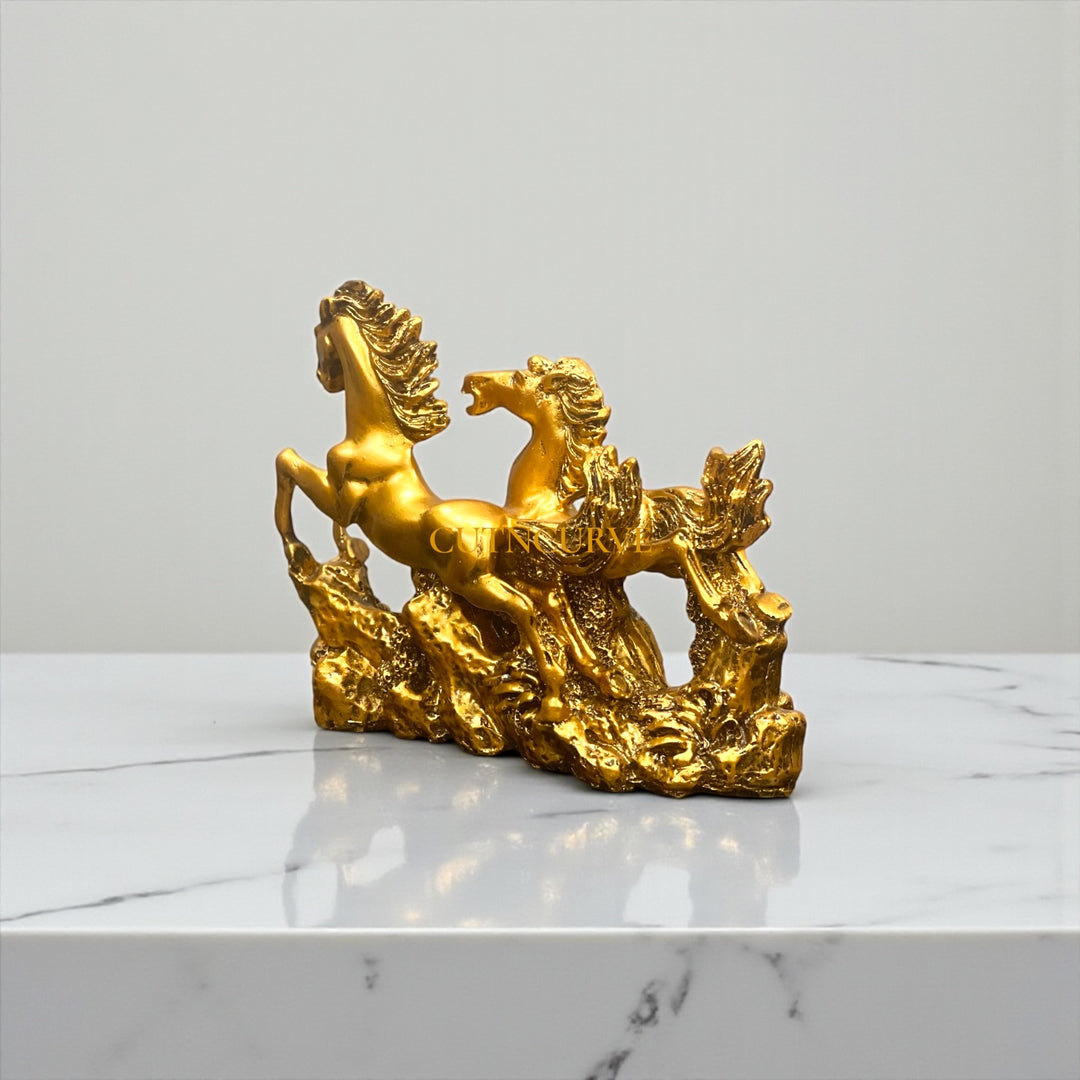 2 Running Horses Resin Showpiece | Elegant Home Decor & Good Luck Symbol (GOLDEN)