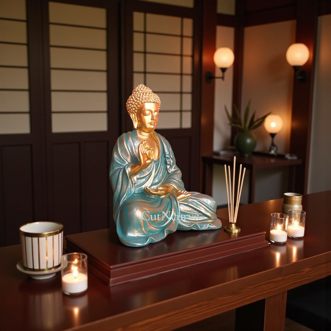 CutnCurve® 15 Inch Blessing Buddha Resin Statue – Handcrafted Peace & Prosperity Decor Idol