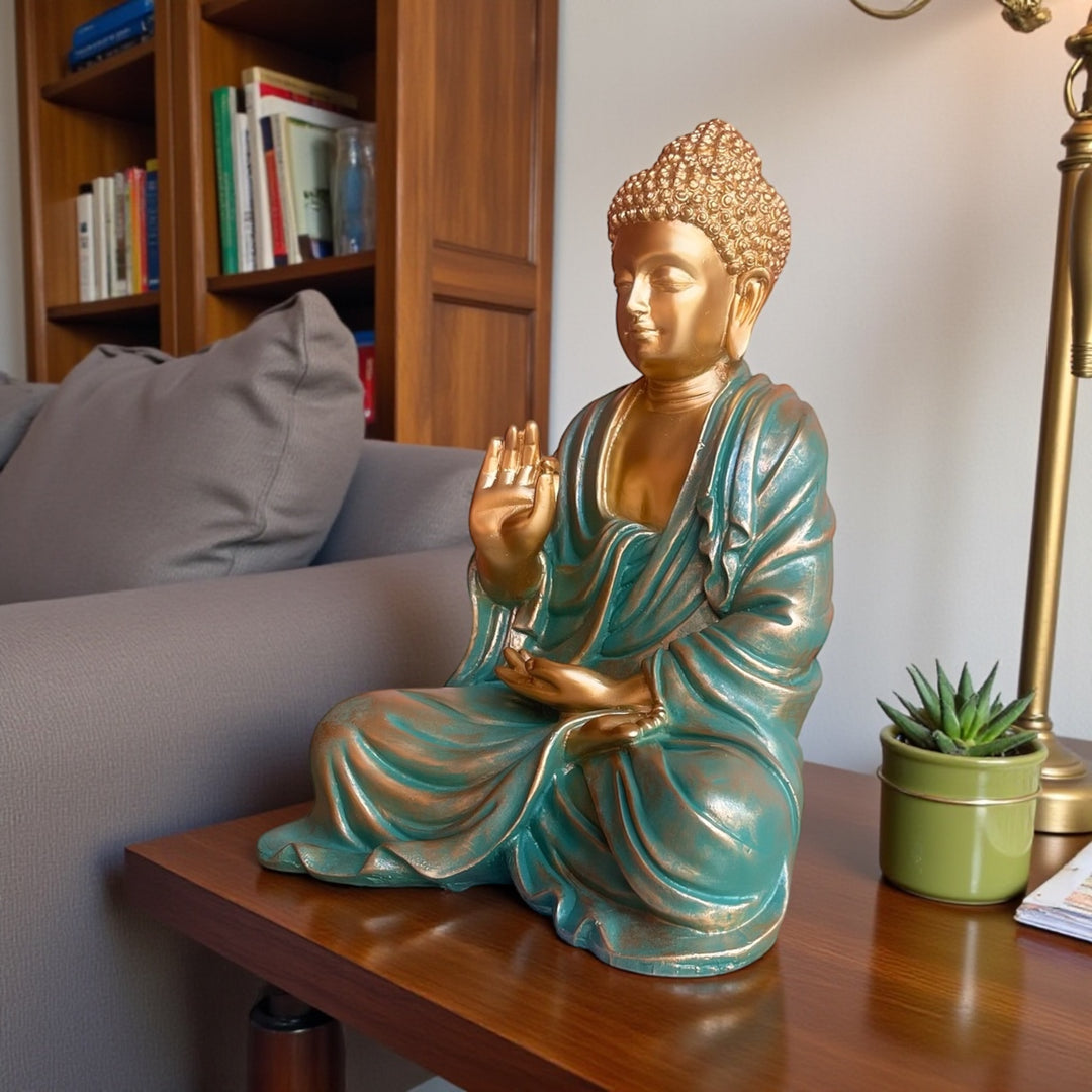 CutnCurve® 15 Inch Blessing Buddha Resin Statue – Handcrafted Peace & Prosperity Decor Idol