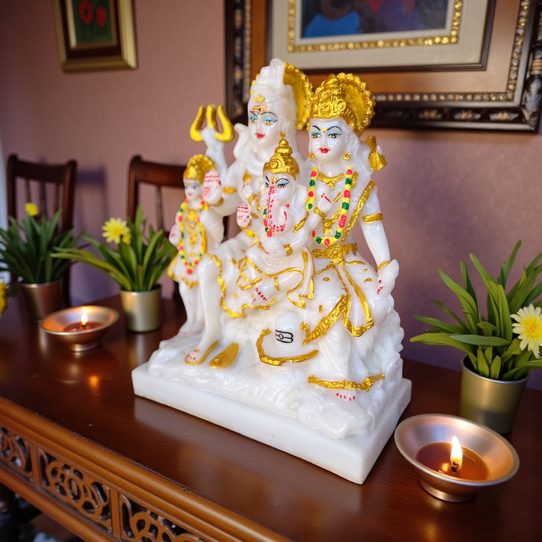 Shiv Parivar Marble Look Murti 11 Inches | Shiv Parvati Ganesh Kartikeya Idol | Composite Marble Statue for Home Temple
