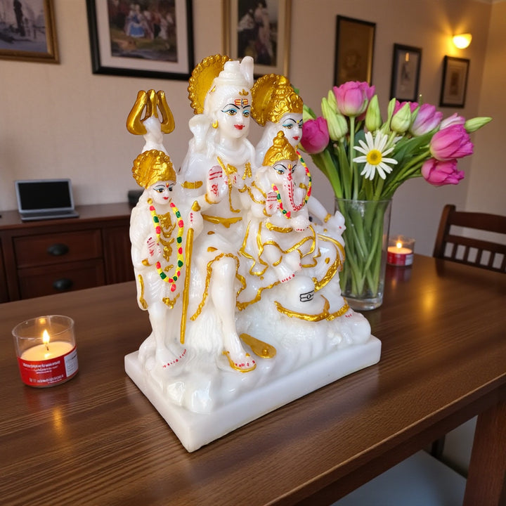 Shiv Parivar Marble Look Murti 11 Inches | Shiv Parvati Ganesh Kartikeya Idol | Composite Marble Statue for Home Temple