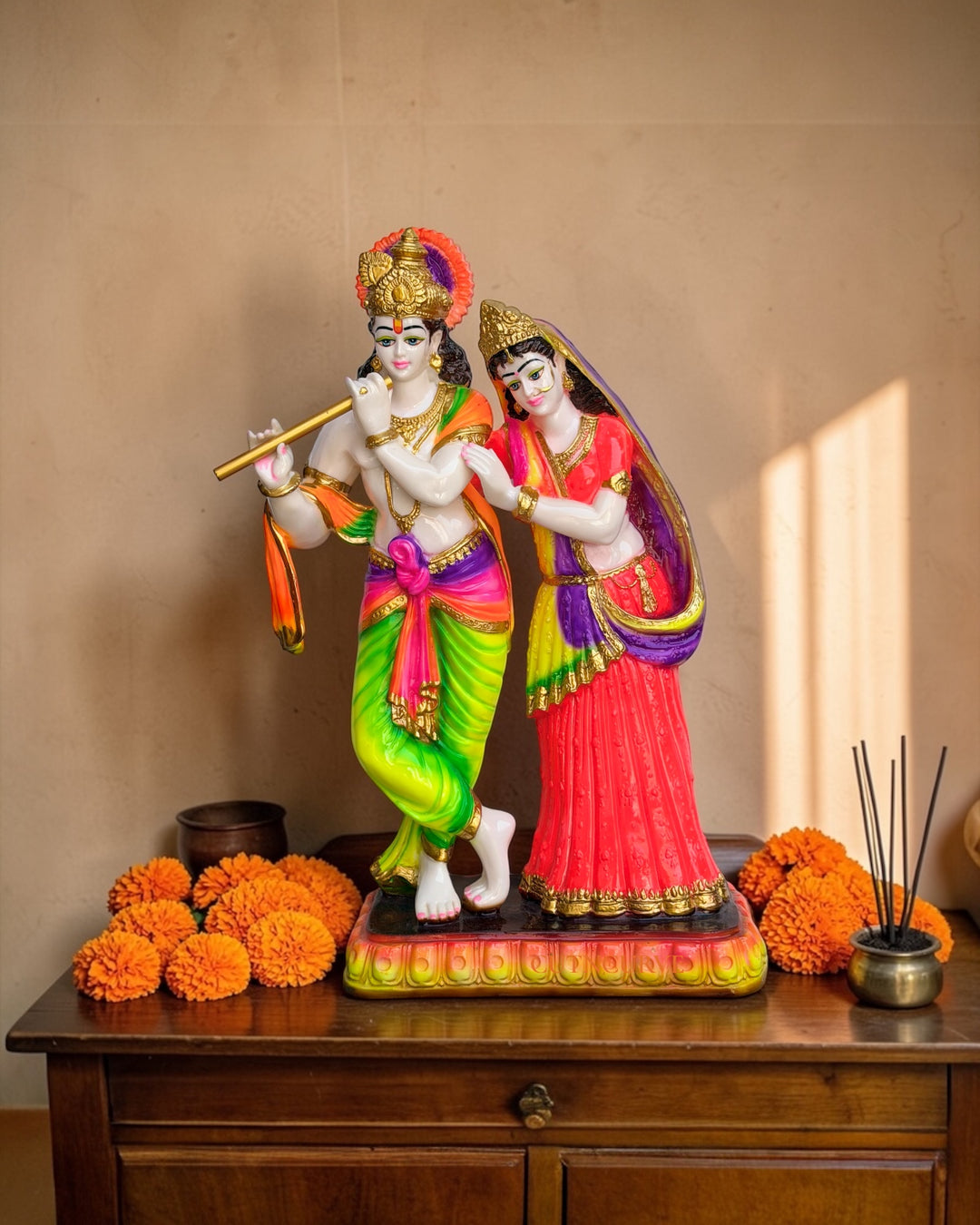 2 Feet Colorful Radha Krishna Statue for Home Temple Anniversary Gift – Marble Look Composite Marble Idol by CutnCurve®