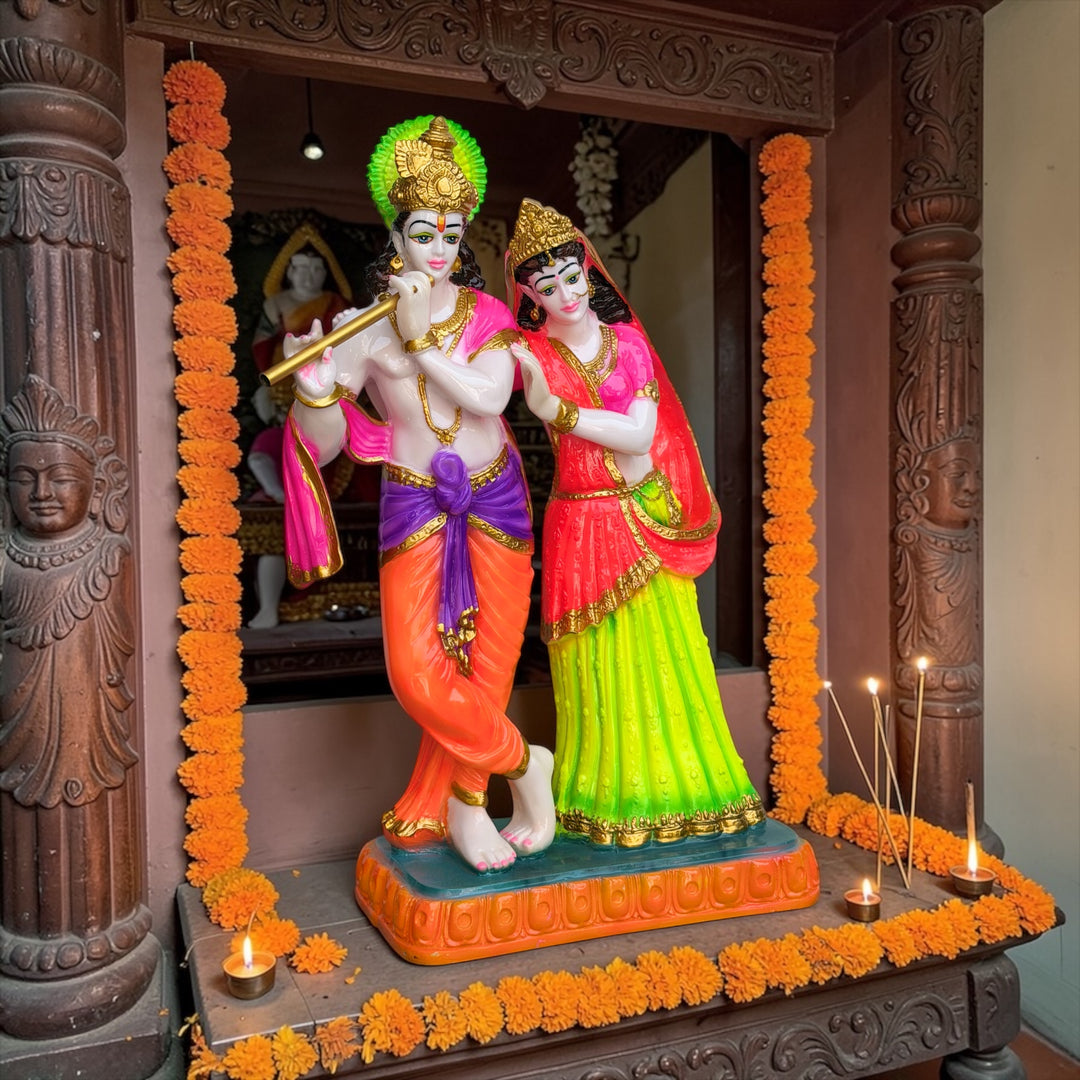 Large 2 Feet Radha Krishna Idol Colorful Design – Composite Marble Statue for Mandir Décor by CutnCurve®