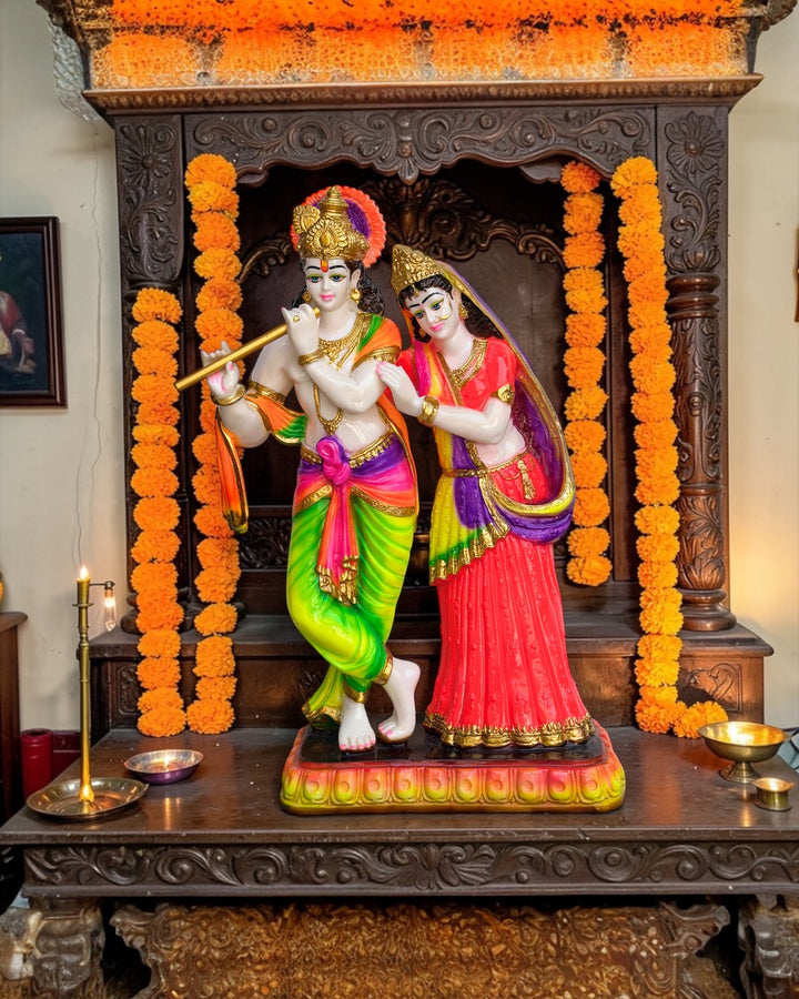 2 Feet Colorful Radha Krishna Statue for Home Temple Anniversary Gift – Marble Look Composite Marble Idol by CutnCurve®
