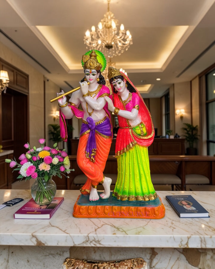 Large 2 Feet Radha Krishna Idol Colorful Design – Composite Marble Statue for Mandir Décor by CutnCurve®