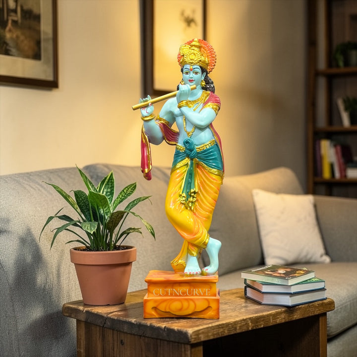 2 Feet Standing Krishna with Bansuri Colorful Idol – Composite Marble Marble Look Statue by CutnCurve®