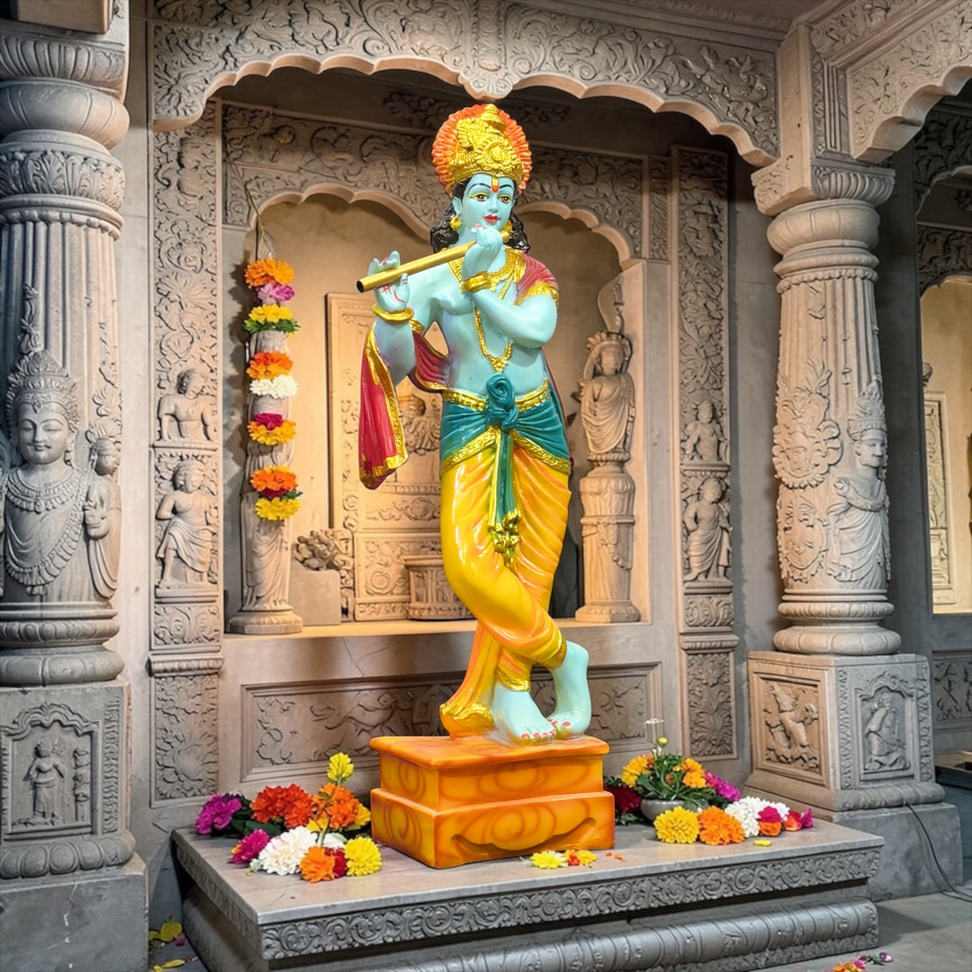 2 Feet Standing Krishna with Bansuri Colorful Idol – Composite Marble Marble Look Statue by CutnCurve®