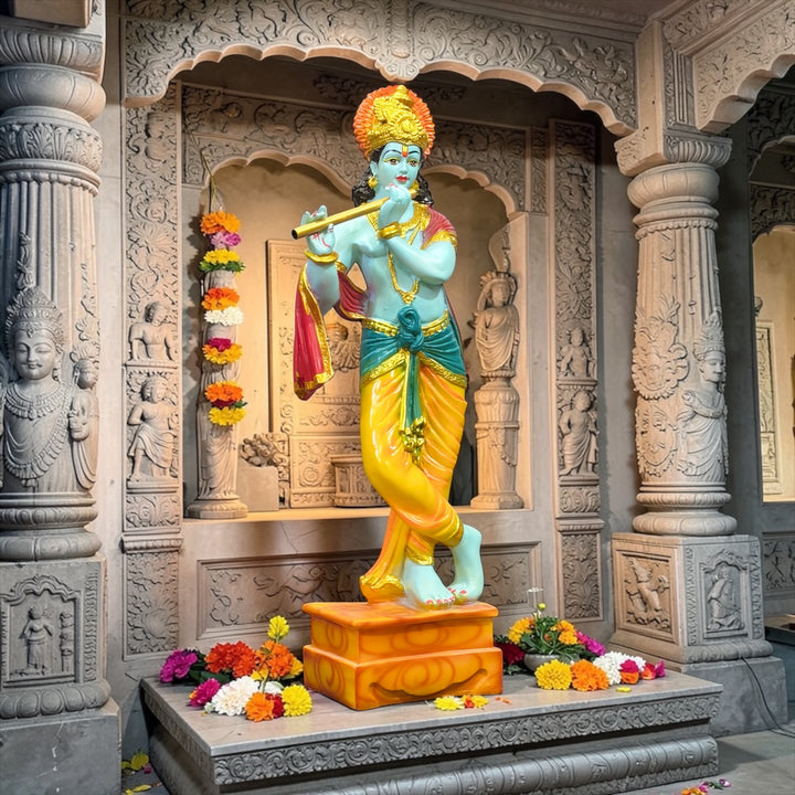 2 Feet Standing Krishna with Bansuri Colorful Idol – Composite Marble Marble Look Statue by CutnCurve®