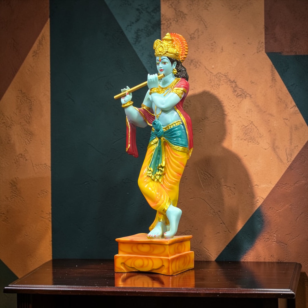 2 Feet Standing Krishna with Bansuri Colorful Idol – Composite Marble Marble Look Statue by CutnCurve®
