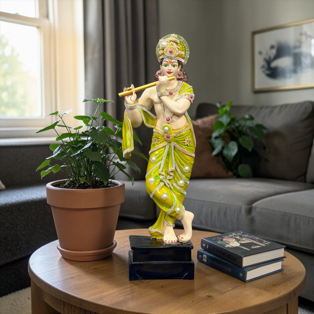 2 Feet Standing Lord Krishna with Bansuri Decorative Green Colorful Idol for Home Office Decor Temple